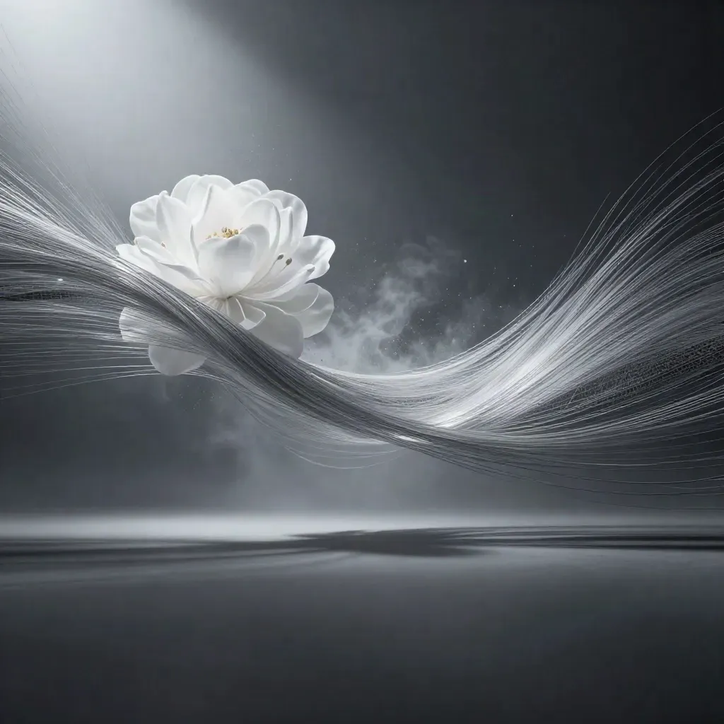 Silver filaments converge into a soft white bloom in dark graphite haze, with calm copy space.