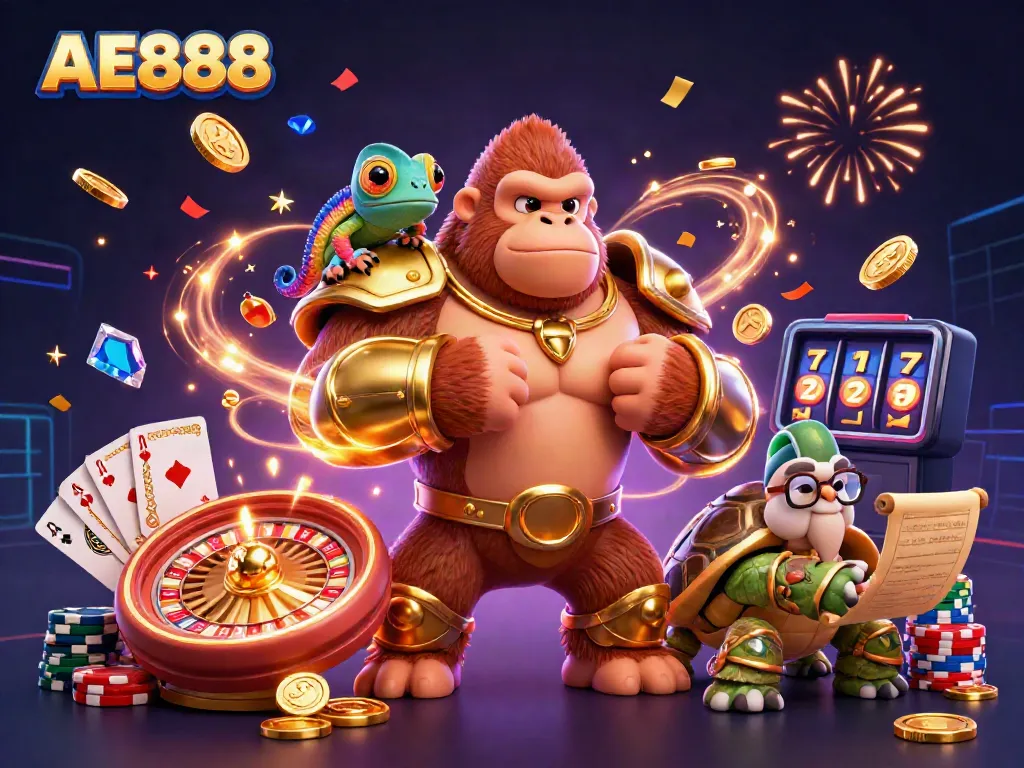 Experience the excitement of AE888 with a dynamic 3D casino illustration featuring a gorilla king and colorful game elements.