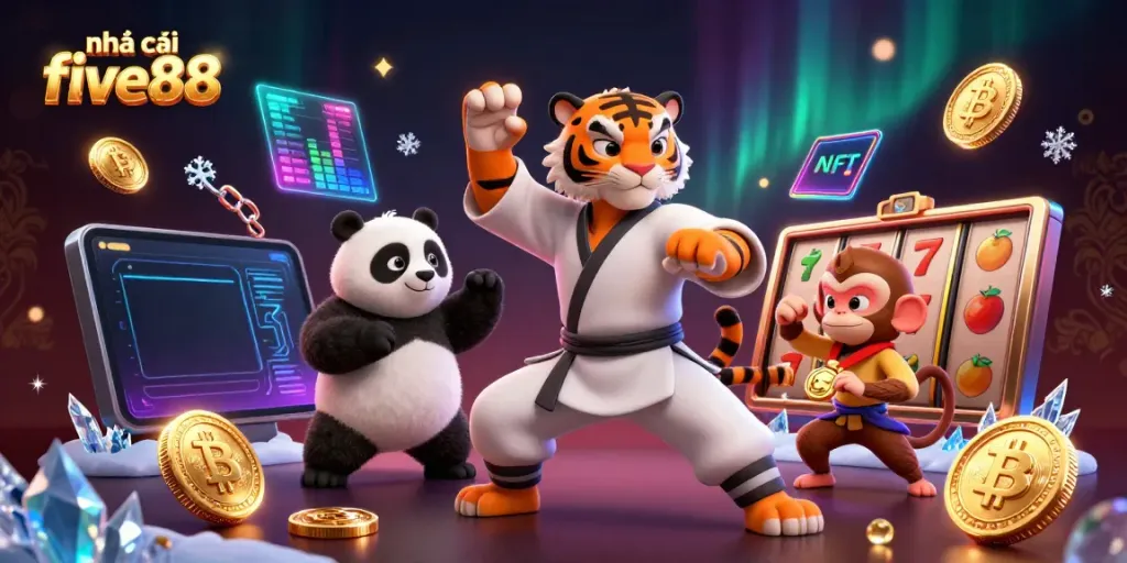 Experience exciting gameplay at nhà cái five88 with a vibrant illustration featuring a kung fu tiger master and thrilling casino elements.