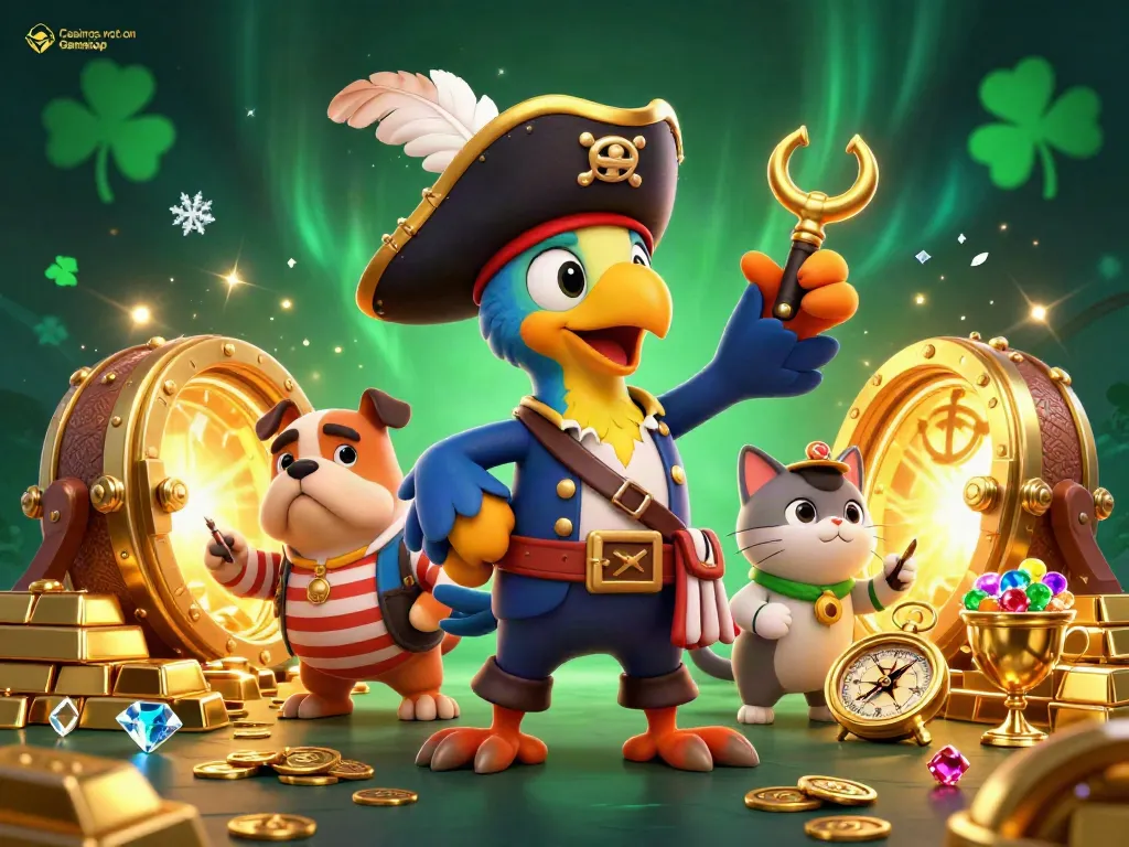 Experience thrill at Casinos not on Gamstop with pirate captain and treasures in this vibrant illustration.