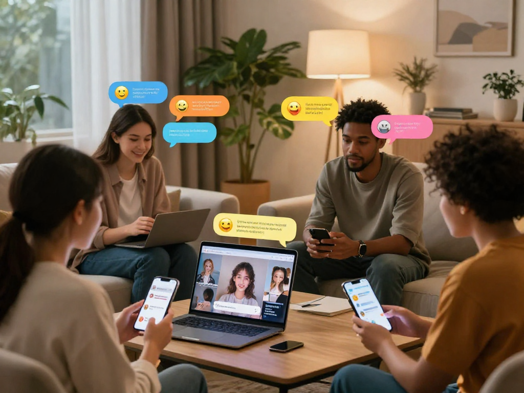 Diverse individuals interacting in a cozy setting, exploring porn AI chat technology through various devices, showcasing digital engagement.