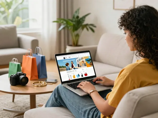 Browse around here in a cozy living room, showcasing an engaging online shopping experience.