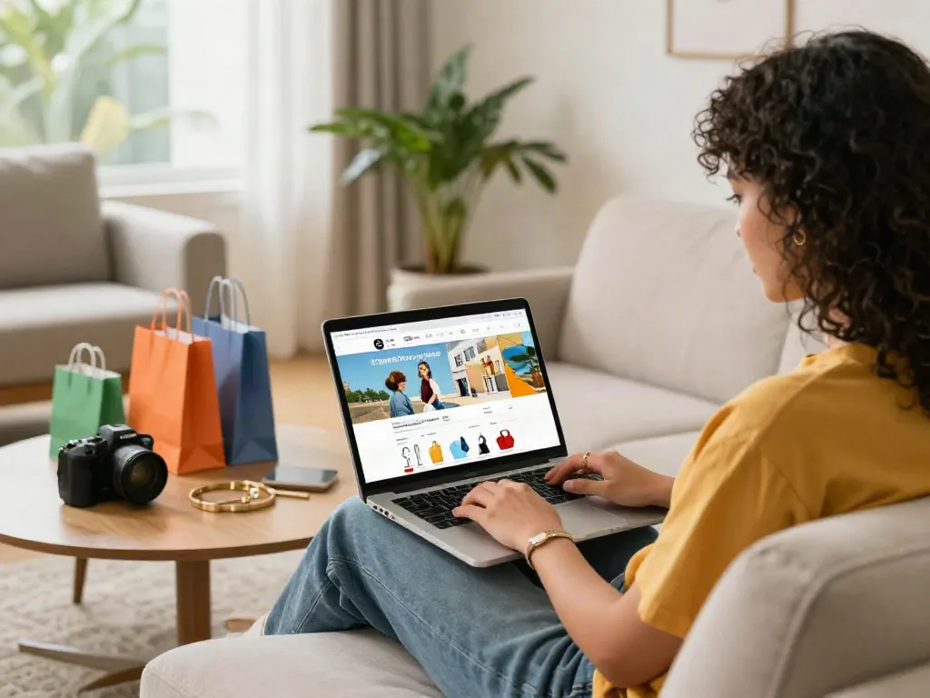 Browse around here in a cozy living room, showcasing an engaging online shopping experience.
