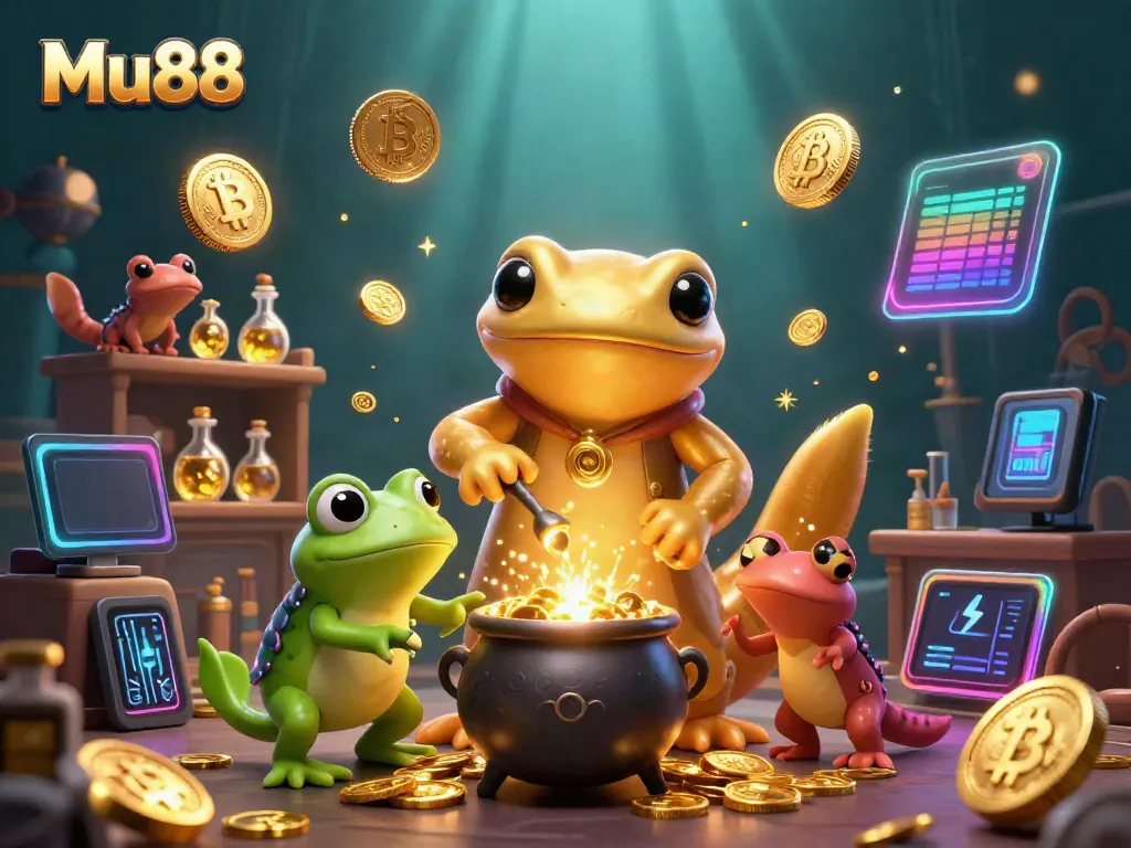 Mu88 showcases a vibrant 3D scene where a golden salamander alchemist conjures riches, full of cryptocurrency elements.