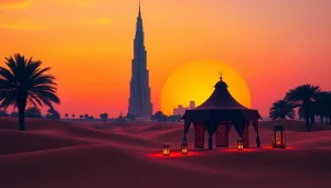 Experience the allure of travel to Dubai with a stunning desert sunset featuring the iconic Burj Khalifa.