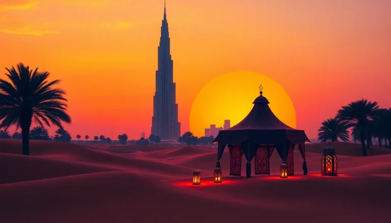 Experience the allure of travel to Dubai with a stunning desert sunset featuring the iconic Burj Khalifa.
