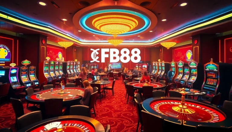 Casino FB88 players enjoying intense poker, bright slot machines and vibrant roulette wheels in an energetic casino setting.