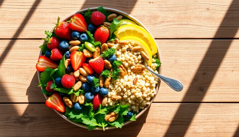 Display a vibrant healthy food platter featuring fruits, greens, and nuts.