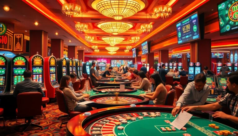 Thrilling scene of players enjoying game bài đổi thưởng at a lively casino table, surrounded by vibrant slot machines.