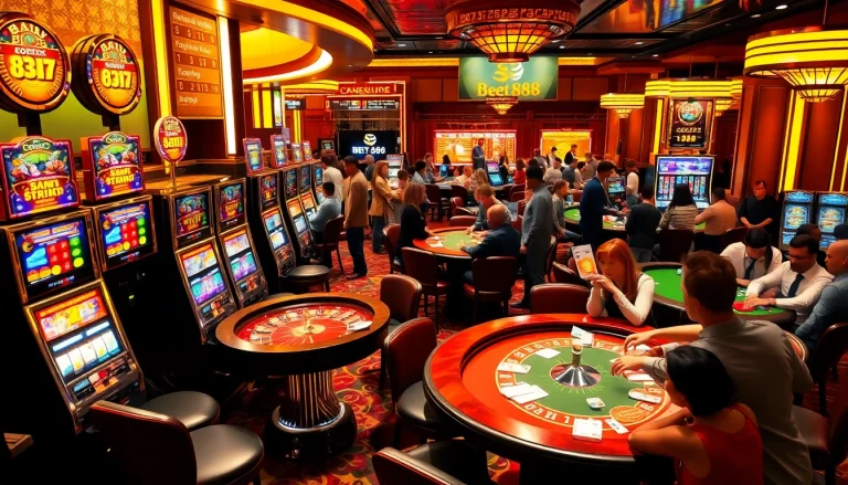 BET888 slot machines lighting up the vibrant casino atmosphere during gameplay.