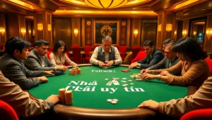 Intense poker game in a luxurious casino, showcasing Nhà cái uy tín through high-stakes gameplay and vibrant ambiance.