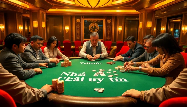 Intense poker game in a luxurious casino, showcasing Nhà cái uy tín through high-stakes gameplay and vibrant ambiance.