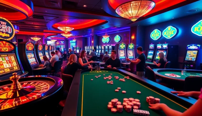 A lively casino scene showcasing KJC AC 3 with players at roulette tables, slot machines, and colorful poker chips.