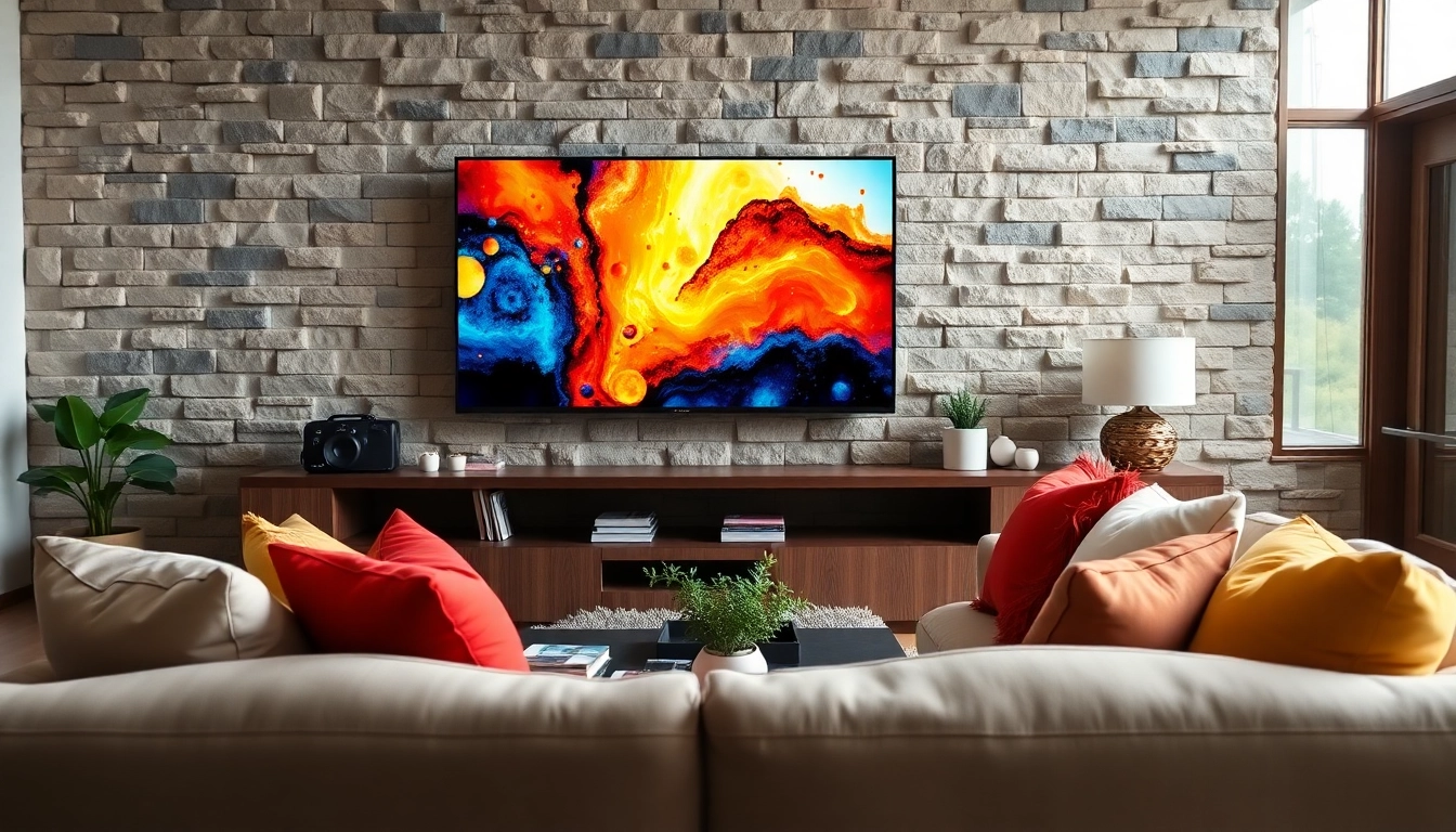 Enjoying iron TV in a modern living room with a cozy setup and vibrant decor.