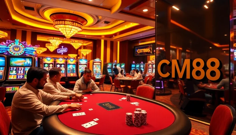 Experience CM88 gaming energy with players at a bustling poker table, colorful chips, and dynamic slot machines.