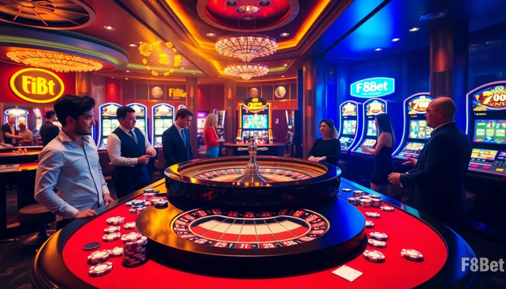 F8Bet gaming scene featuring an inviting roulette table and enthusiastic players in a luxurious casino atmosphere.