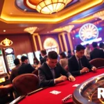 Players strategizing at a poker table in the luxury gaming area of RR88 Casino.