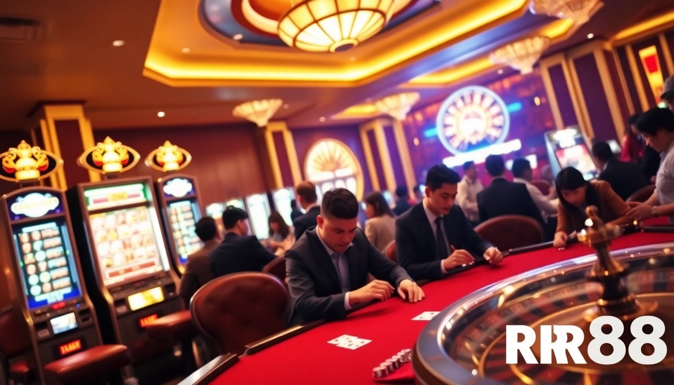 Players strategizing at a poker table in the luxury gaming area of RR88 Casino.