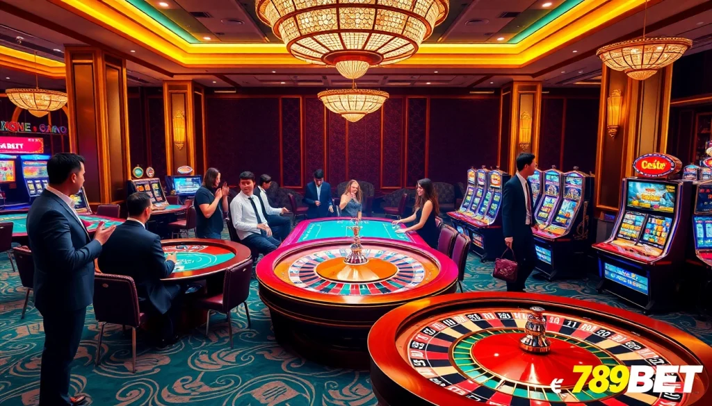 A vibrant casino scene illustrating 789BET đăng nhập excitement with players at roulette and poker tables.