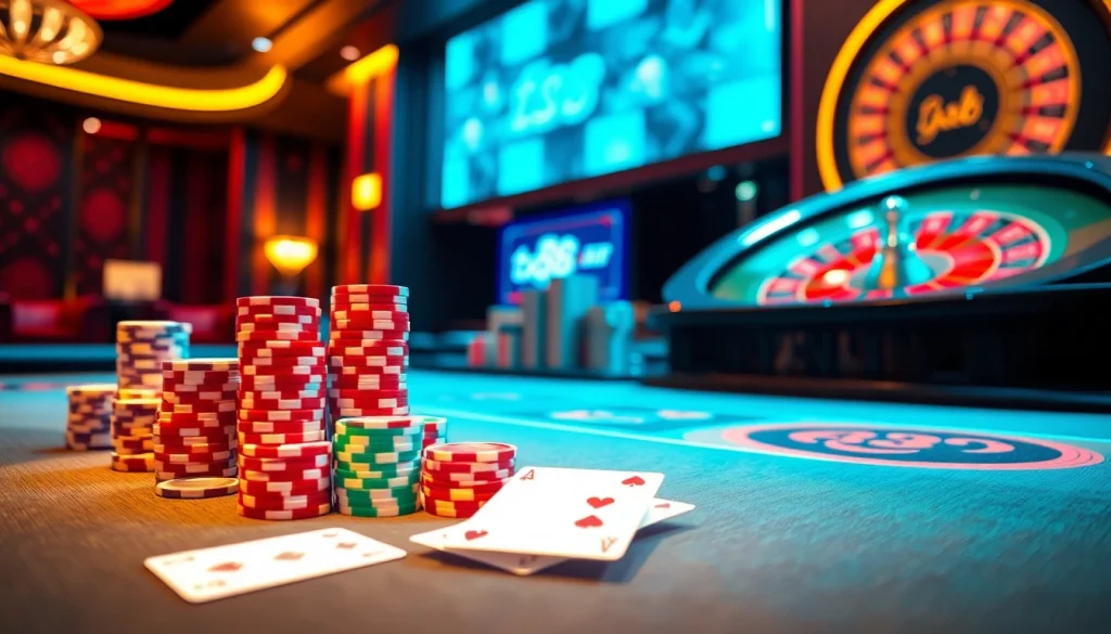 Gambling chips and cards on a luxury table at tx88 online casino, showcasing excitement and professionalism.
