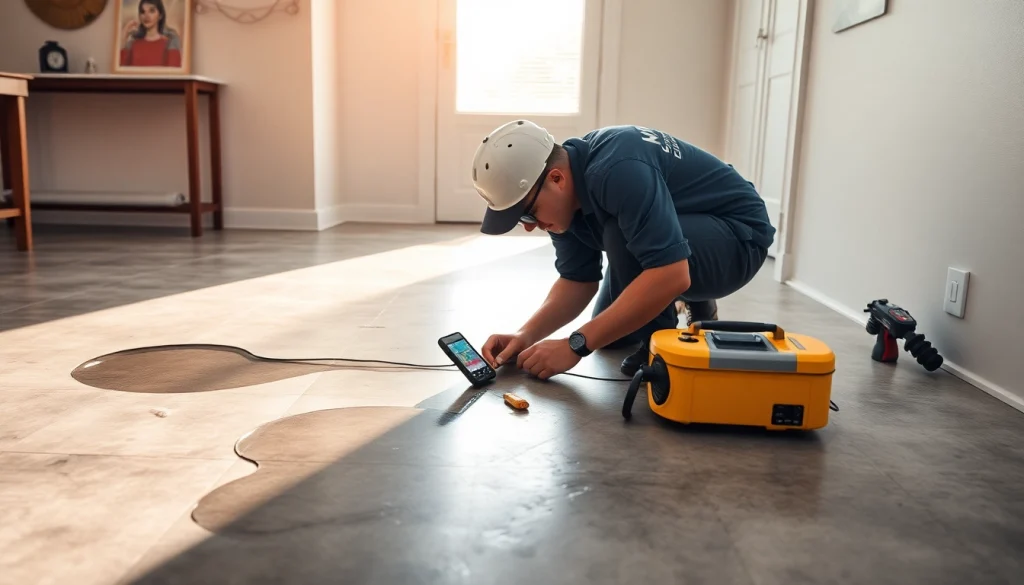 Leak in concrete floor detected by a technician using advanced technology.