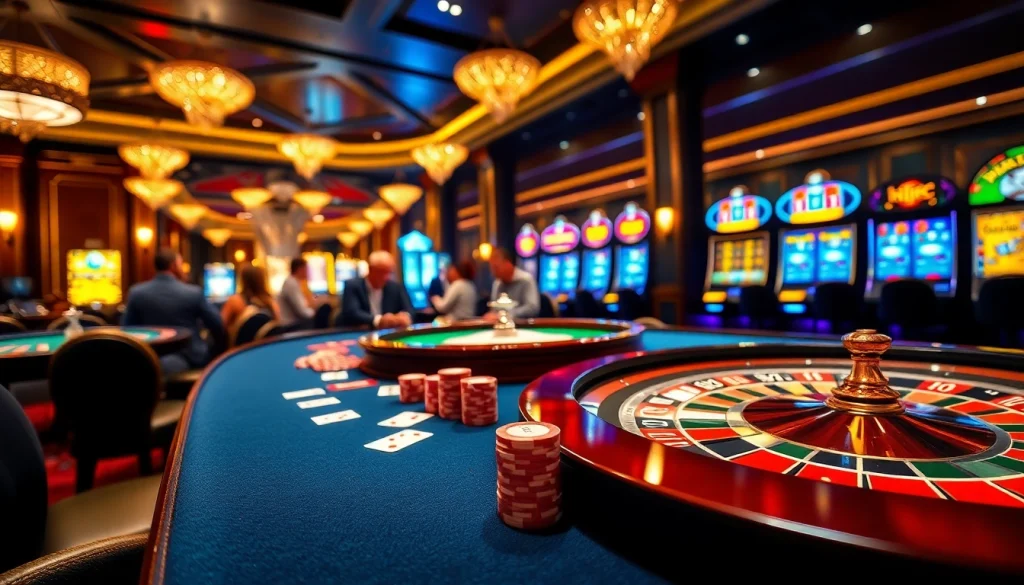 KJC players enjoying an exciting game at a luxurious casino table with chips and cards.