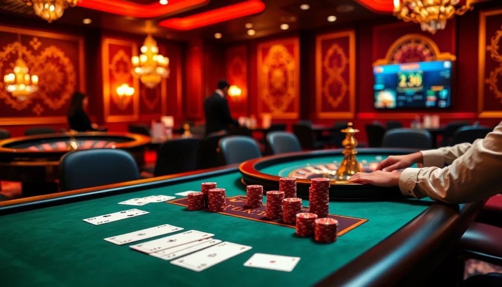 Players enjoy thrilling games at OK365's high-stakes casino table with vibrant chips and cards.