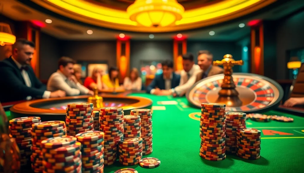 Players engaging at a vibrant casino table, with 12bet poker chips highlighting thrilling betting activity.