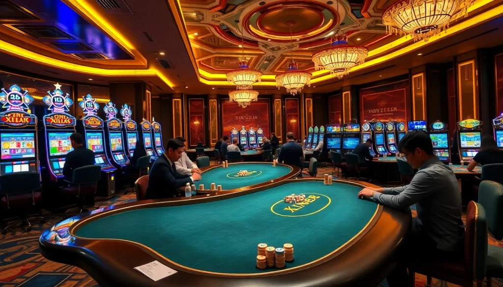 Engaging XIN88 casino scene showcasing luxury poker tables and vibrant slot machines.