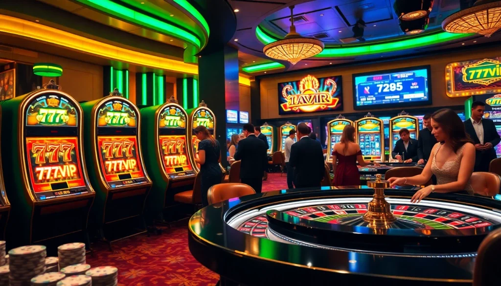 Engaging casino scene featuring 777VIP slot machines and players at a roulette table.