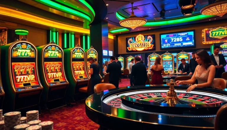 Engaging casino scene featuring 777VIP slot machines and players at a roulette table.