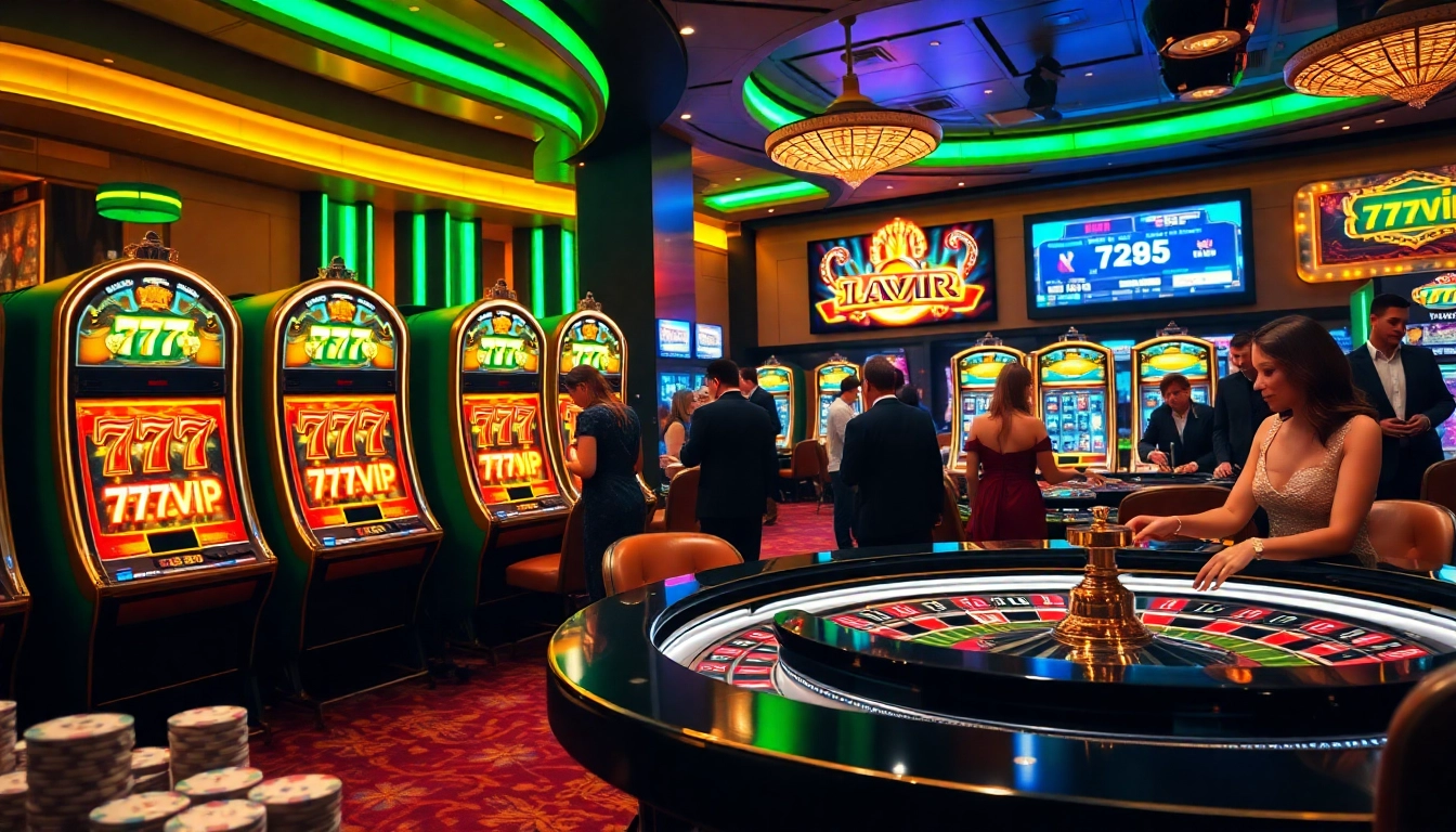 Engaging casino scene featuring 777VIP slot machines and players at a roulette table.