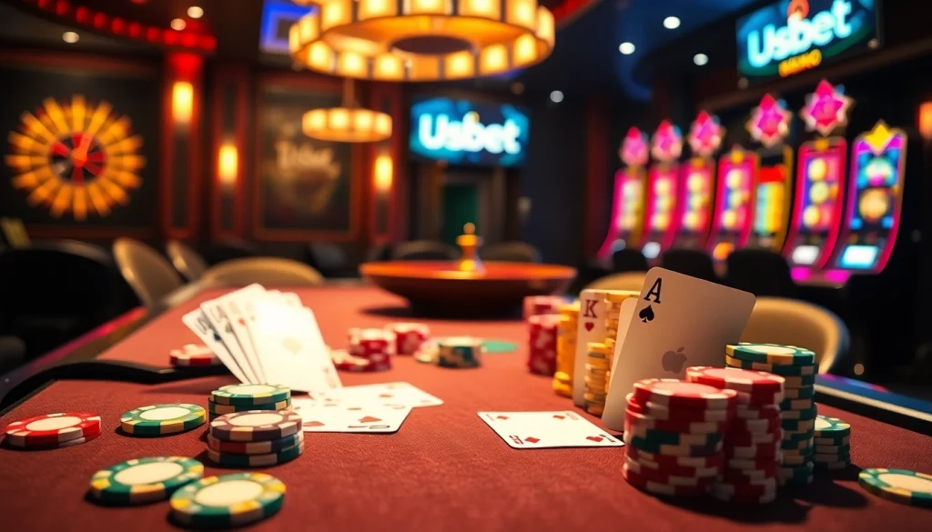 Engaging scene of a poker game showcasing usbet features, with vibrant casino elements and exciting ambiance.