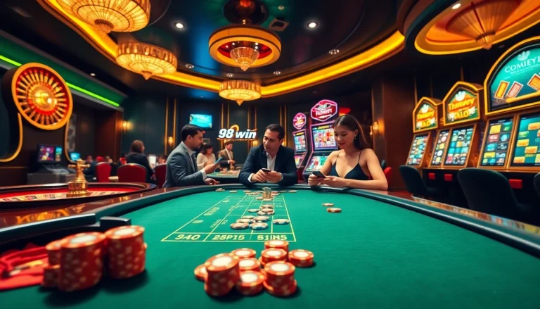 Players enjoy a thrilling game of poker at 98win's online casino, featuring vibrant visuals and high-stakes excitement.