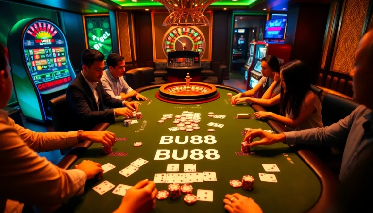 Players enjoying a thrilling poker game at the BU88 casino table, with vibrant poker chips and cards.