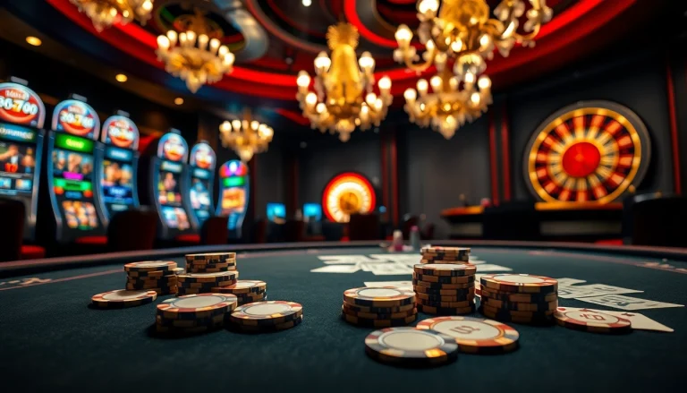 KJC: Engaging players at a luxury casino poker table with vibrant chips and cards.
