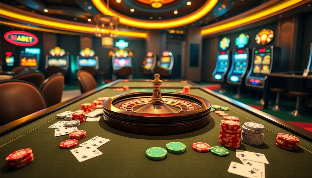 Engage with the thrilling atmosphere of 8kbet bet at a luxurious casino featuring vibrant gaming tables and roulette wheels.