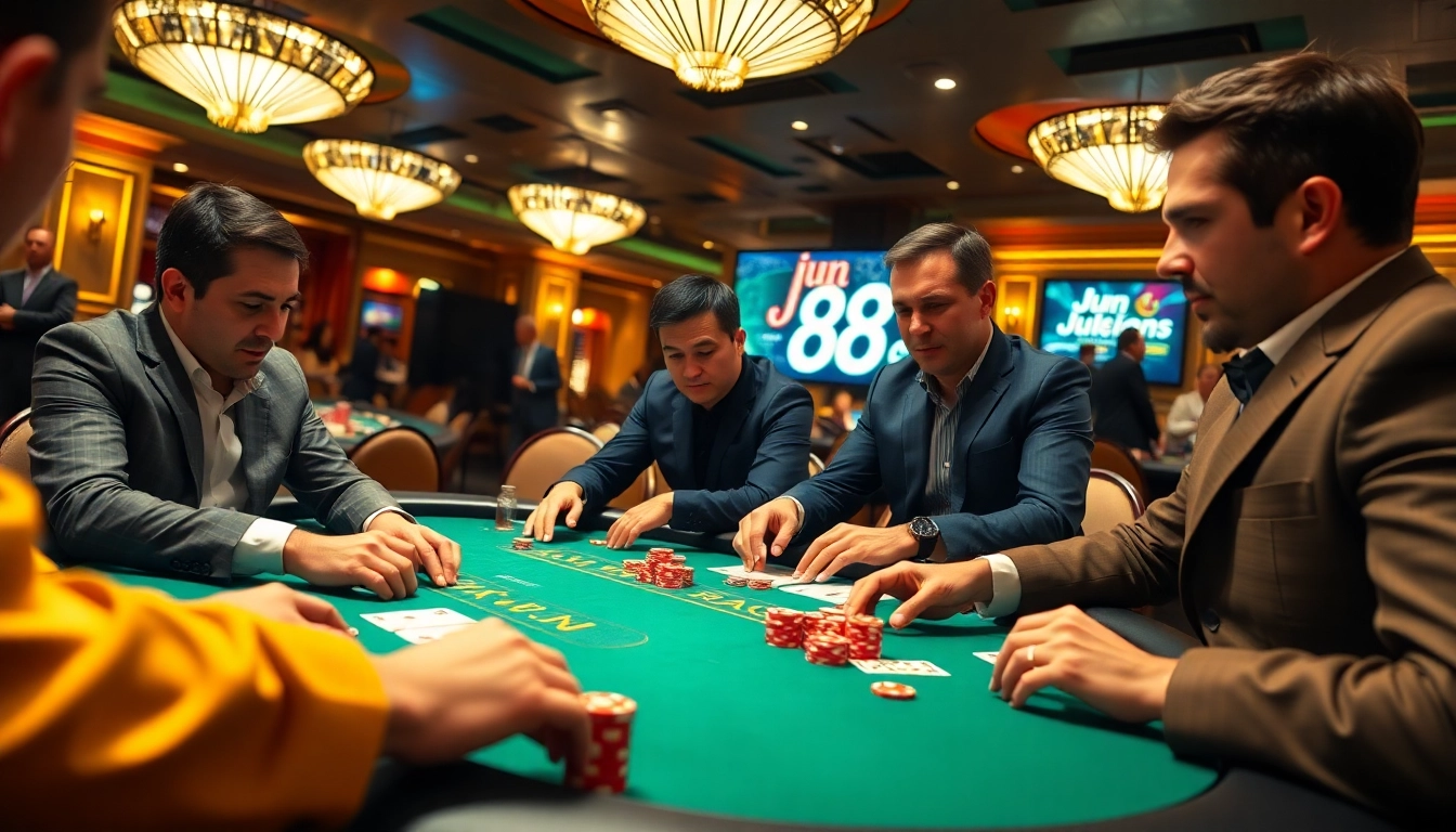 Exciting poker players strategizing tactics at Jun 88 casino table with vibrant chips.