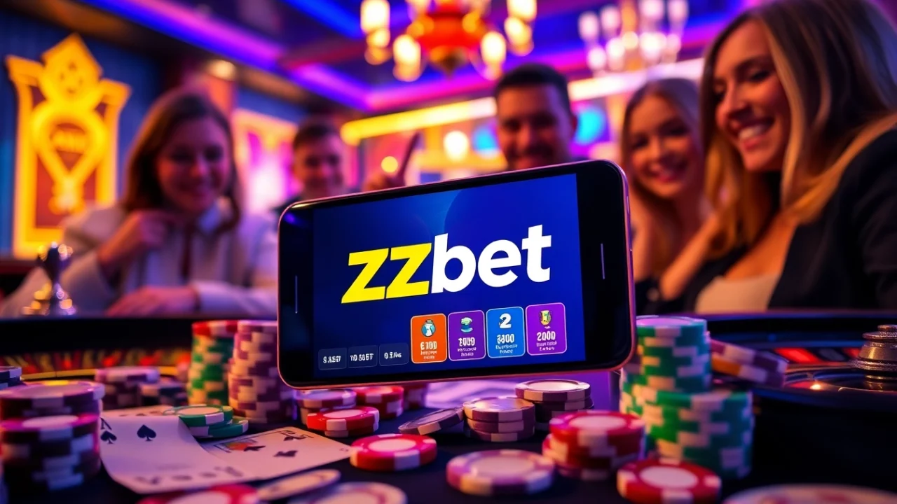 A player engages with the Zbet app on their smartphone in a lively casino atmosphere filled with poker chips and cards.