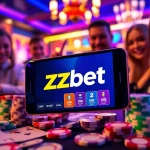 A player engages with the Zbet app on their smartphone in a lively casino atmosphere filled with poker chips and cards.