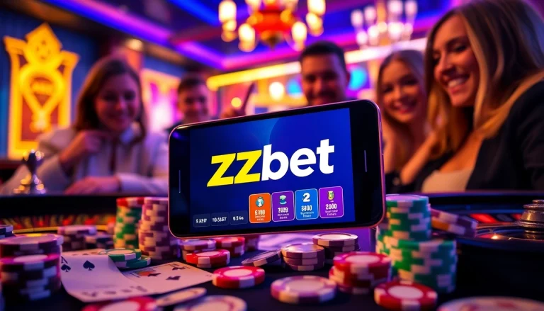 A player engages with the Zbet app on their smartphone in a lively casino atmosphere filled with poker chips and cards.