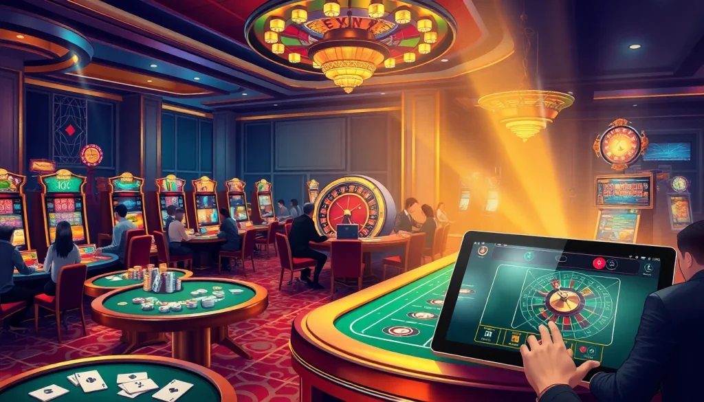 Engaging scene of players at LU88's vibrant casino with roulette, cards, and slot machines.