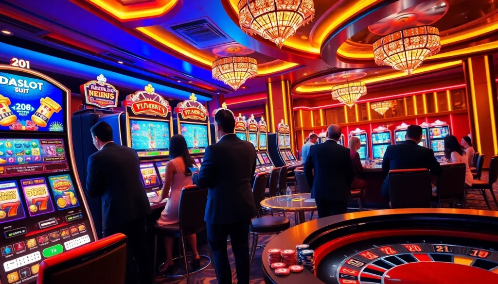 Players enjoying the thrilling doaslot slot experience amid vibrant casino lights.
