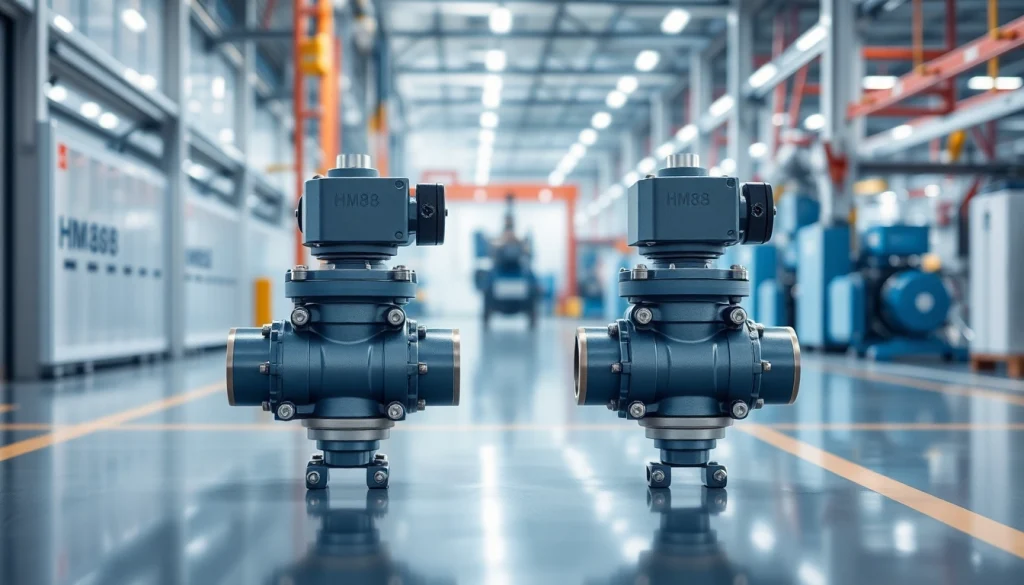 High-tech HM88 series three-valve direct mount manifold in a modern factory setting.