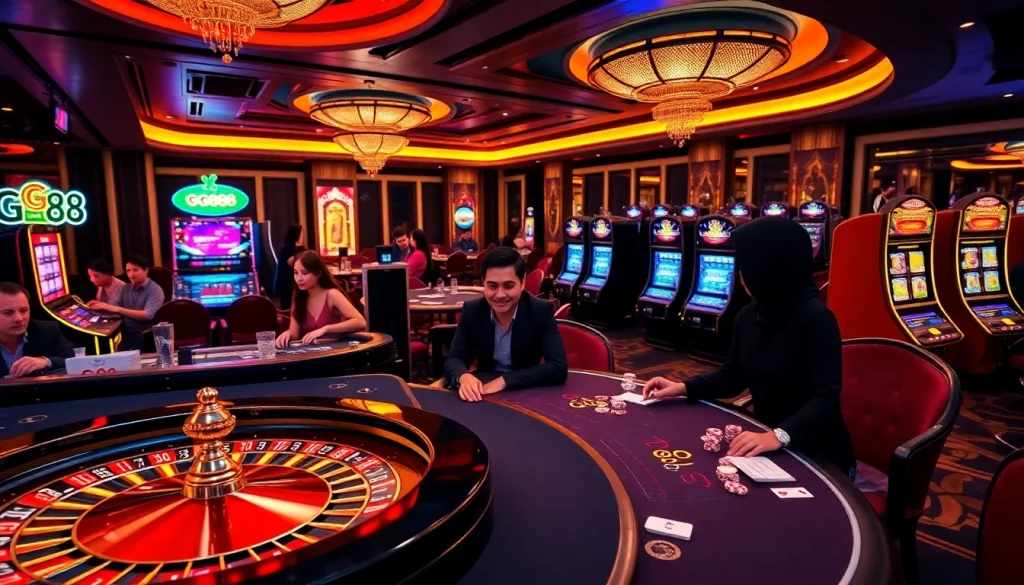 Engaging players enjoying games at GG88 online casino with colorful and luxurious visuals.