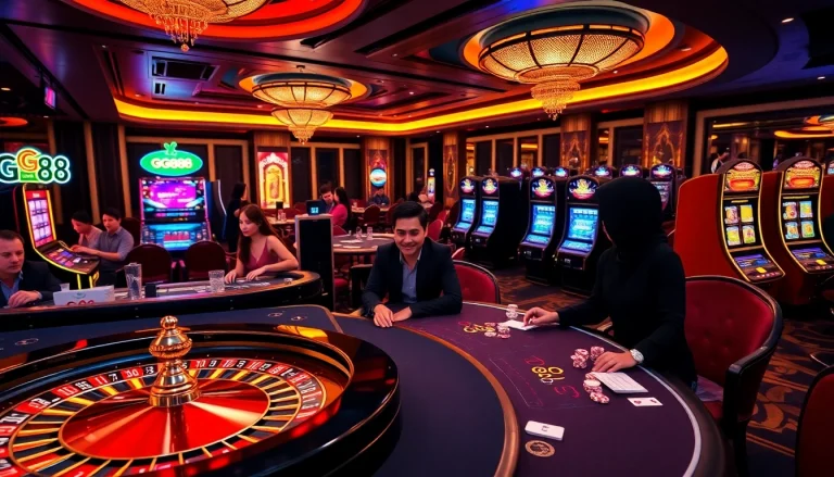 Engaging players enjoying games at GG88 online casino with colorful and luxurious visuals.