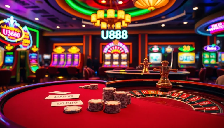 U888 casino players enjoying a lively poker game amidst a luxurious environment