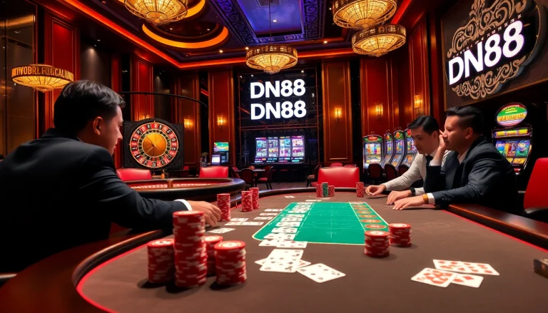 Players strategizing at a high-stakes poker table in a casino scene with DN88 branding elements.
