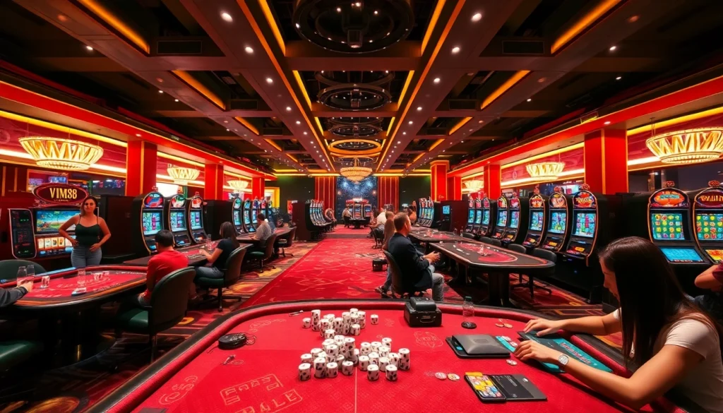 VM88 casino scene with players enjoying card games and big slot wins, radiating excitement.