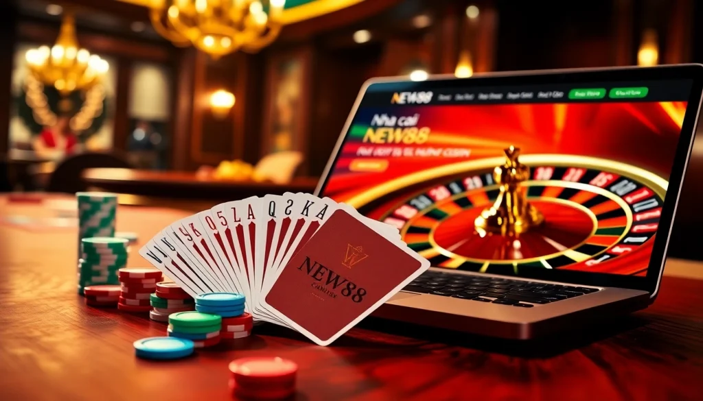 Engaging scene of Nhà cái NEW88 showing poker chips and vibrant cards at a luxury casino table.
